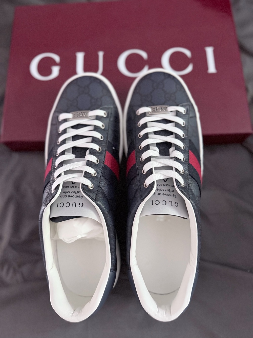 Brand New Gucci Ace GG Supreme Sneakers Blue Monogram Red/Navy Web - Picture 2 of 6